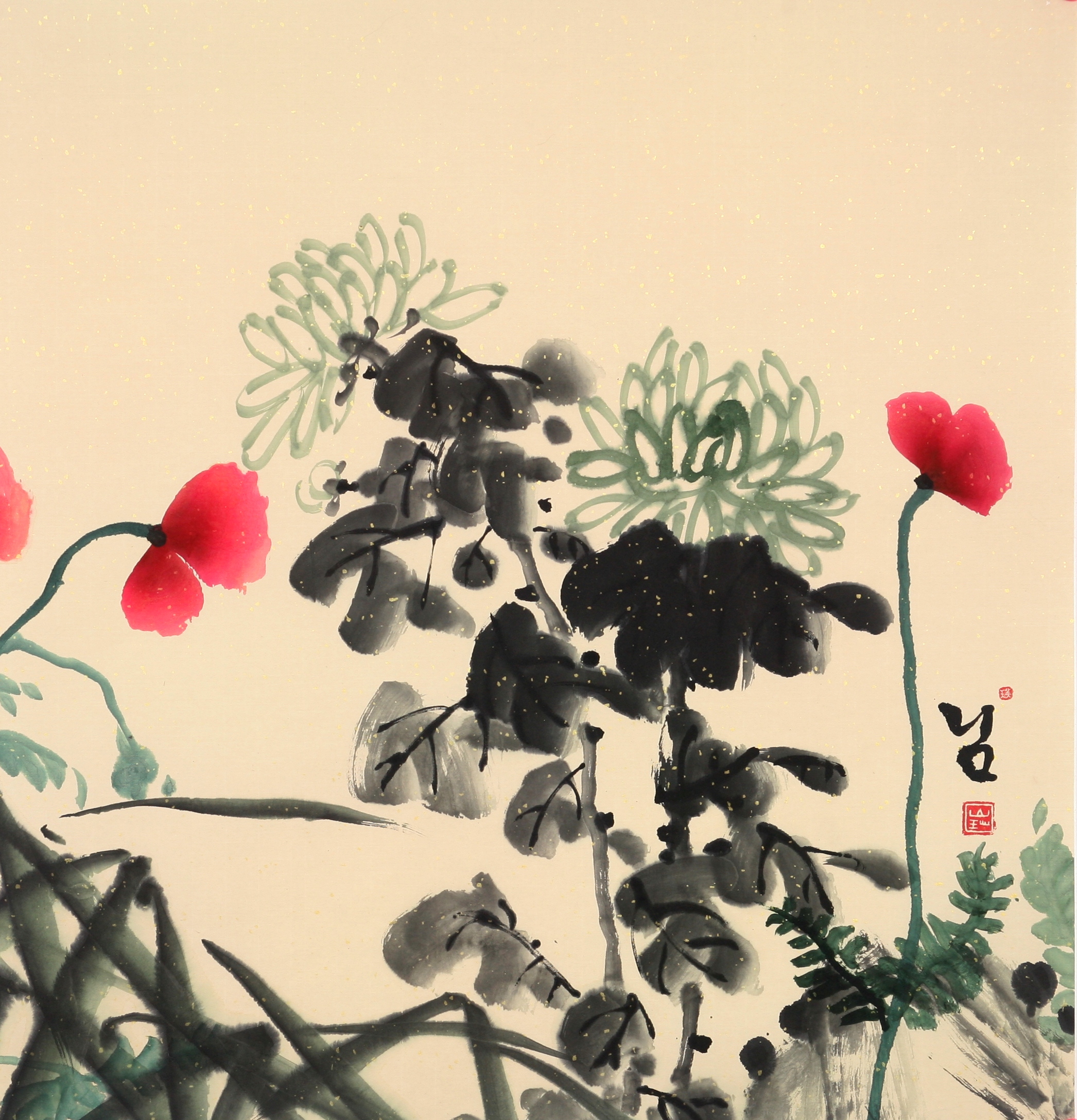 chrysanthème et coquelicots peinture à l'encre sur papier de riz Choé Joo-Young