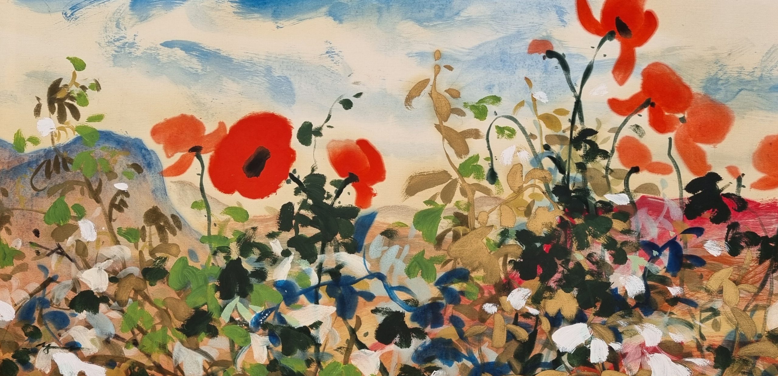 Peinture à l'huile sur coton de paysage et coquelicots par l'artiste peintre Choé Joo-Young